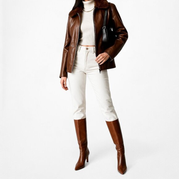 Vintage Y2K Anne Klein Brown Rabbit Fur Genuine Leather Moto Jacket Coat Size L - Picture 3 of 8